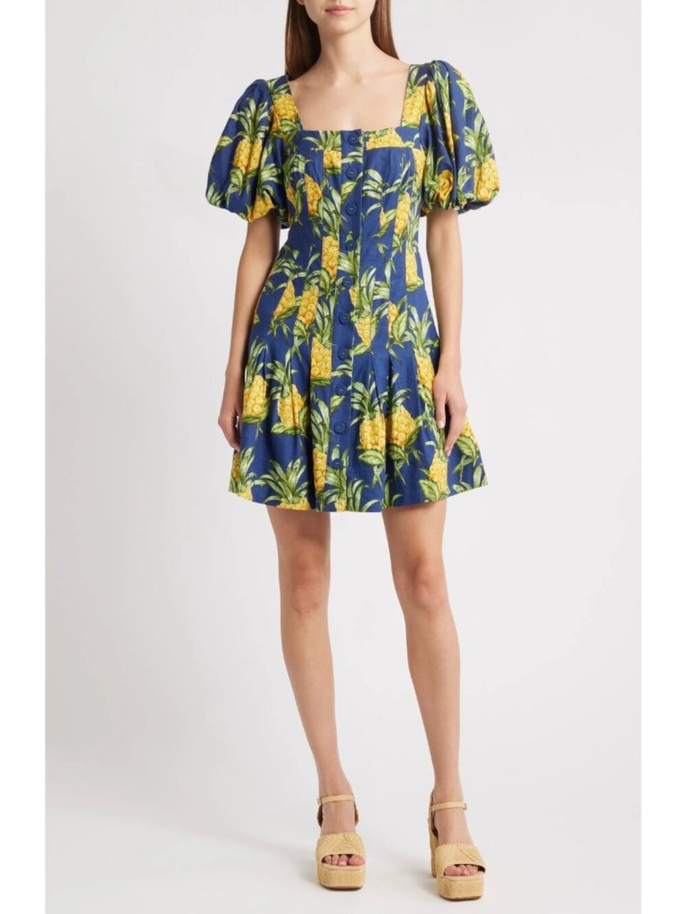 Farm Rio Womens Pineapple Print Puff Sleeve Linen Blend Mini Dress Navy Size S